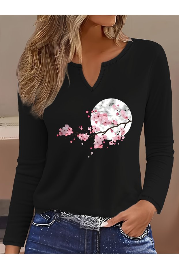 Printed Cotton-Stretch Fabric Half-V-Neck Long-Sleeve Blouse