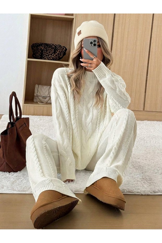 Women's Knit Set with Braided Pattern: Pants, Sweater, and Beanie
