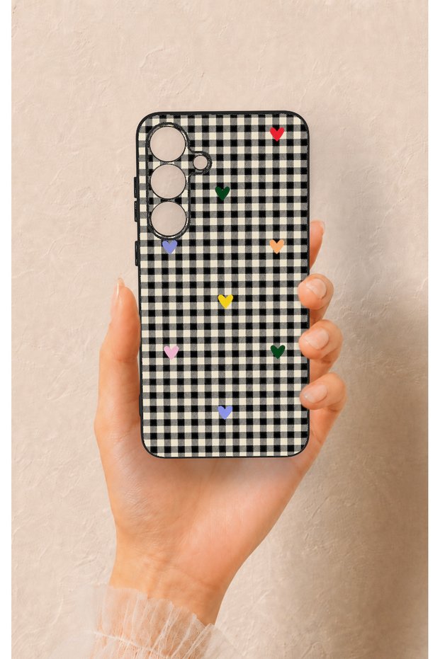 Samsung S25 Plus Compatible Silicone Case with Heart-Shaped Plaid Pattern