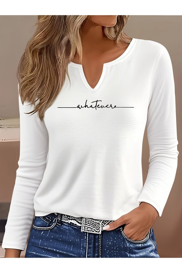 Printed Cotton-Stretch Fabric Half-V-Neck Long-Sleeve Blouse
