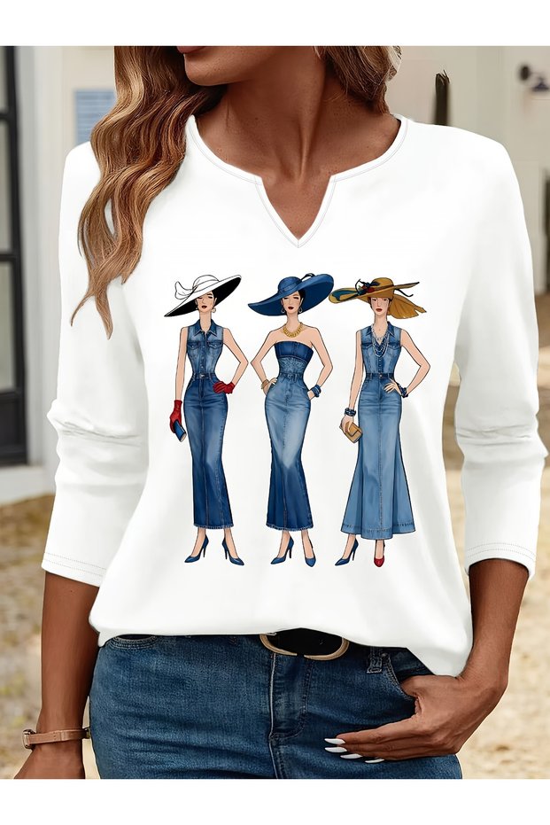 Printed Cotton-Stretch Fabric Half-V-Neck Long-Sleeve Blouse