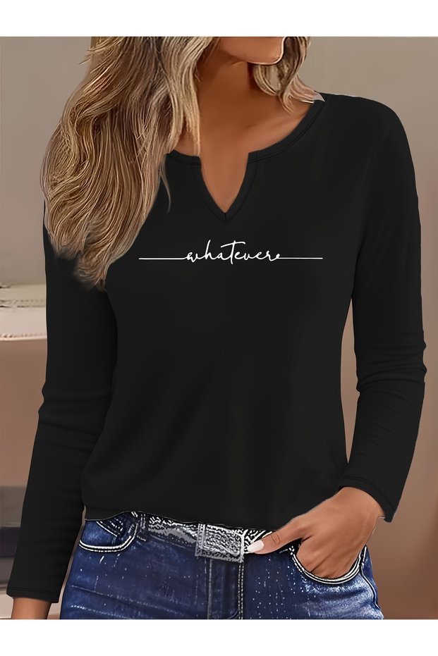 Printed Cotton-Stretch Fabric Half-V-Neck Long-Sleeve Blouse