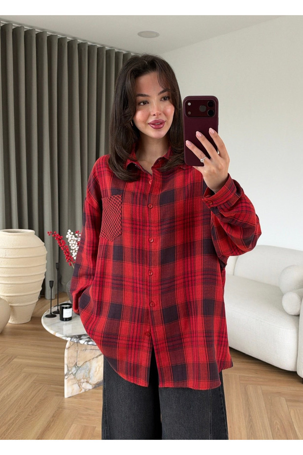 Red Plaid Oversized Shirt - 5163