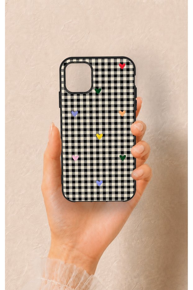 iPhone 11-Compatible Silicone Case with Heart-Shaped Plaid Pattern