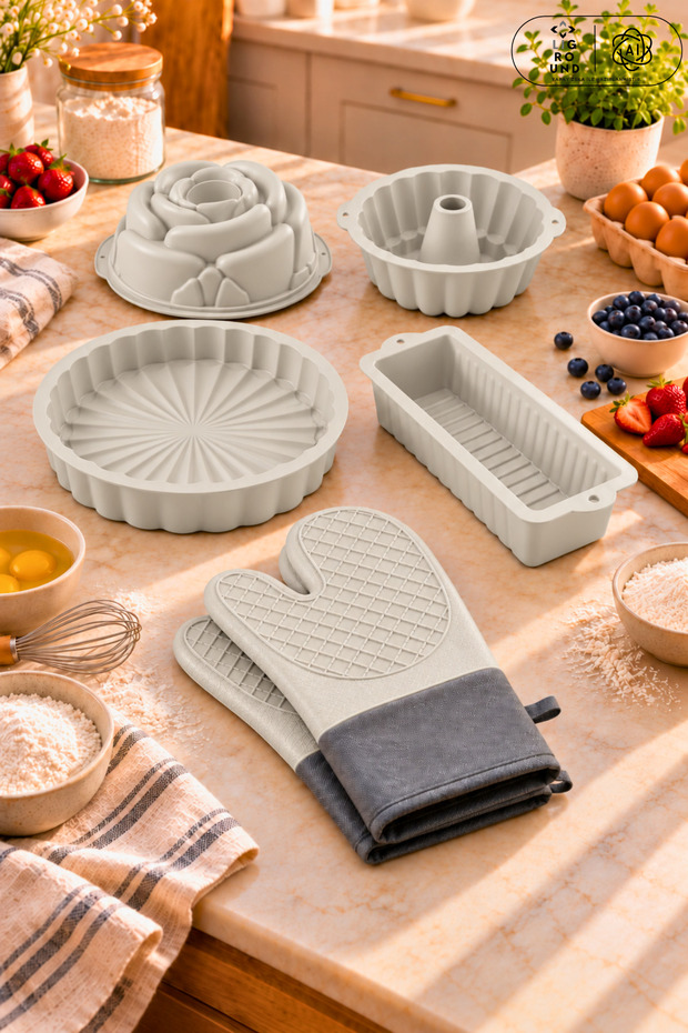 6-Piece Silicone Cake Pan Set: Rose, Bundt, and Baton Tart Pans; Pair of Oven Mitts; Fire-Resistant, Non-Stick, Flexible