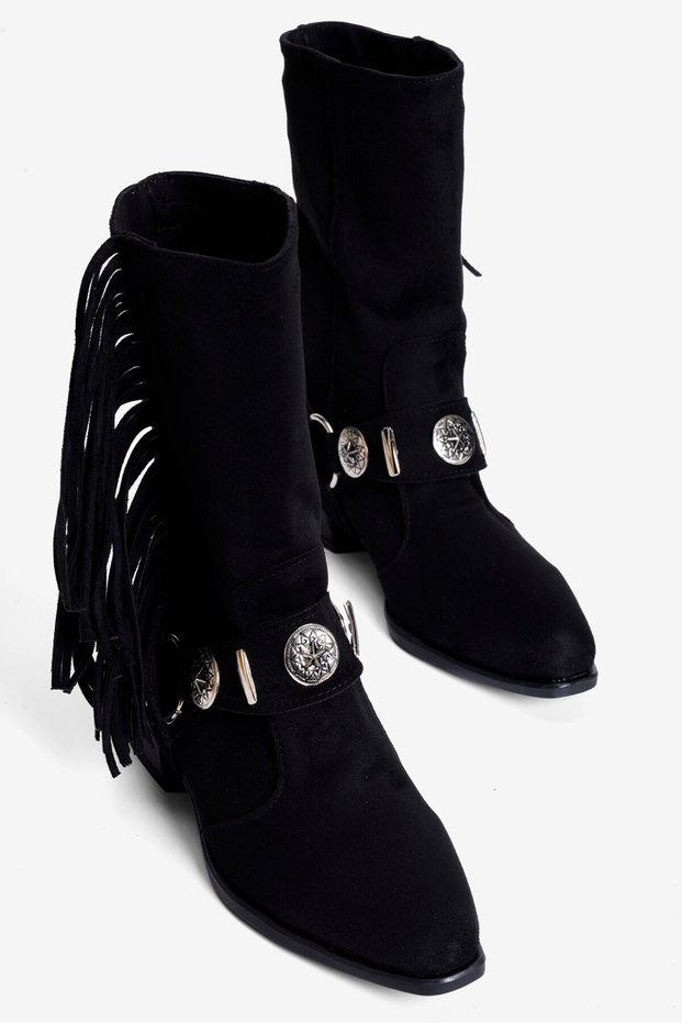 Women's Suede Western Boots with Tasseled Edges and Metal-Accented Design, Rodeo Black