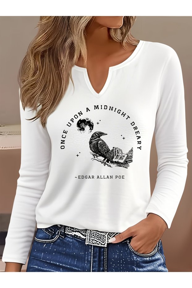 Printed Cotton-Stretch Fabric Half-V-Neck Long-Sleeve Blouse