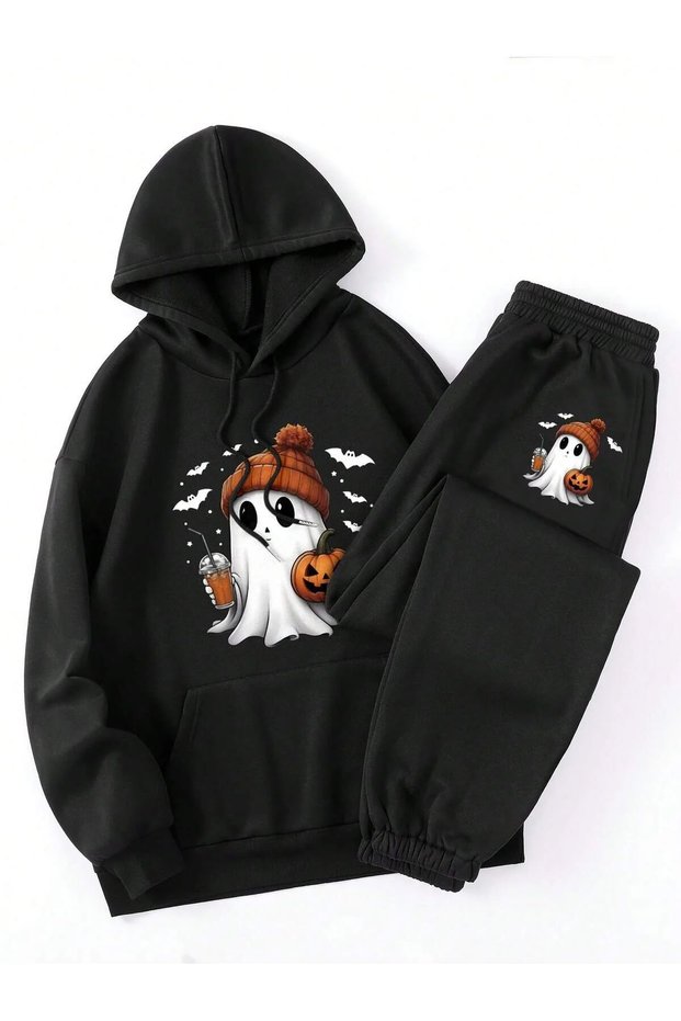 Halloween Printed Unisex Hooded Tracksuit Set