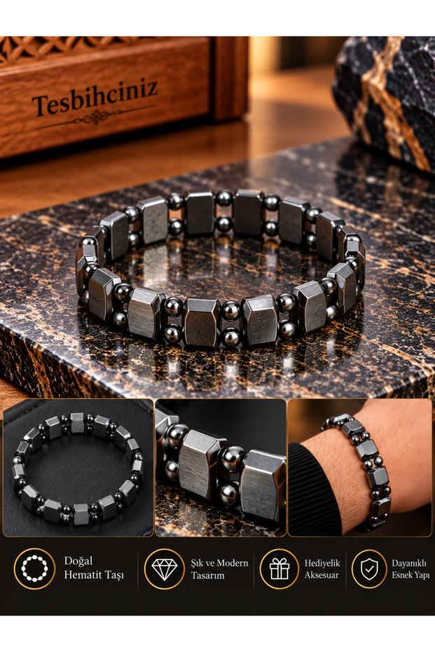 Natural Hematite Stone Men's Bracelet - Double-Row Combination of Spherical and Block-Cut Stones
