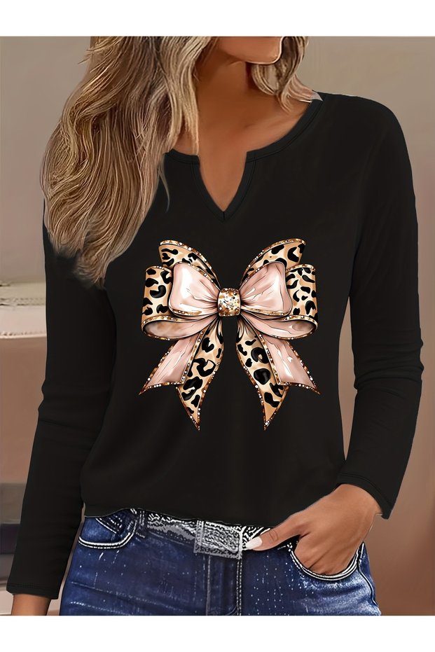 Printed Cotton-Stretch Fabric Half-V-Neck Long-Sleeve Blouse