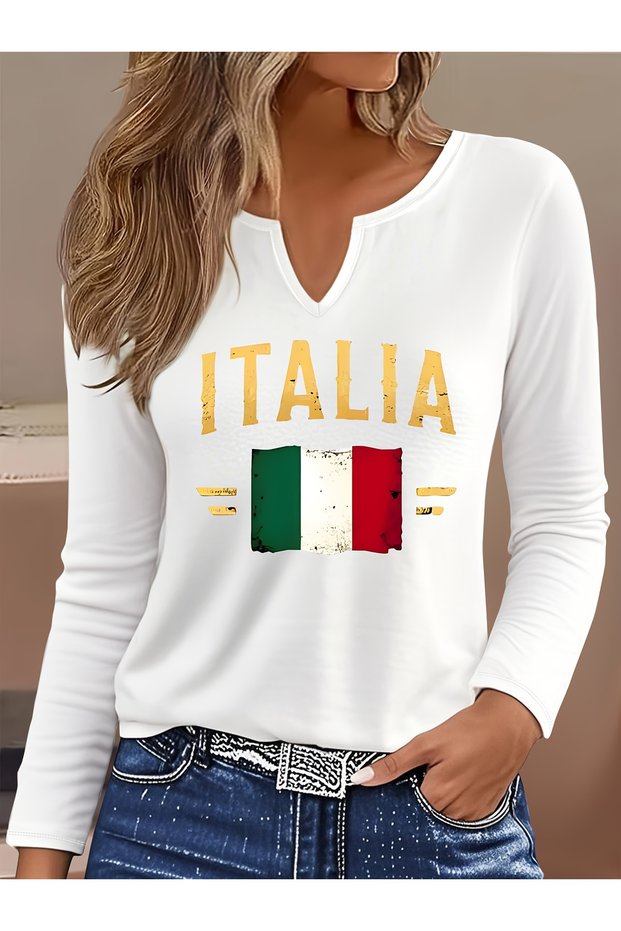 Printed Cotton-Stretch Fabric Half-V-Neck Long-Sleeve Blouse