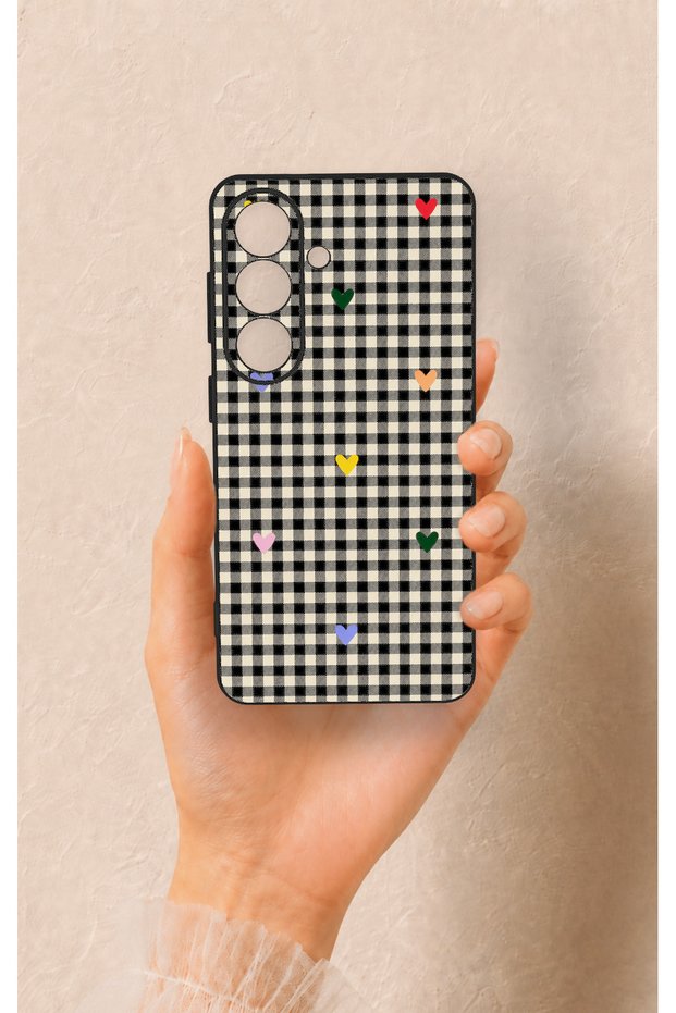 Samsung S26 Compatible Silicone Case with Heart-Shaped Plaid Pattern
