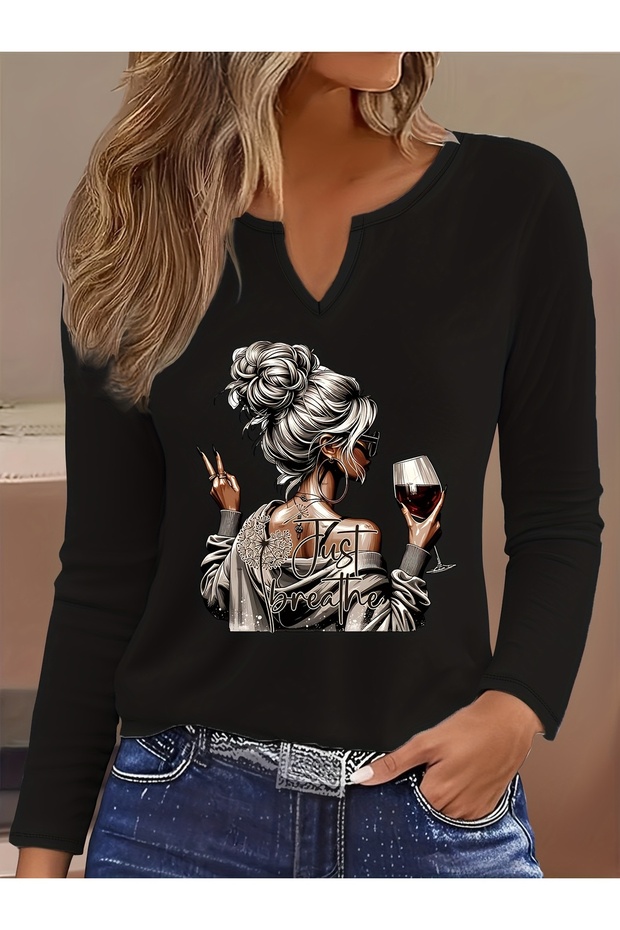 Printed Cotton-Stretch Fabric Half-V-Neck Long-Sleeve Blouse