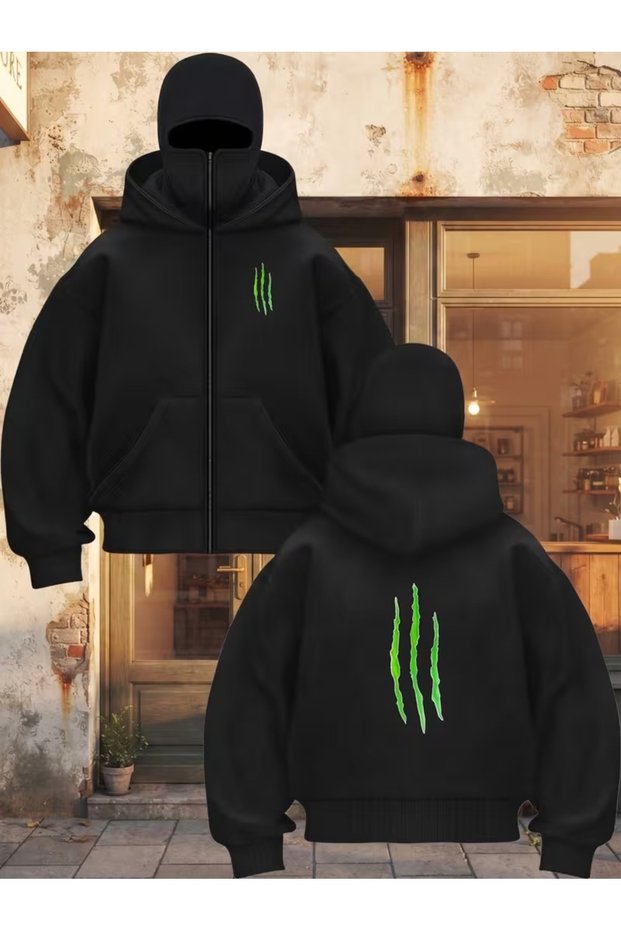 Snow Mask Balaclava with Green Claw Print Ninja Hoodie Sweatshirt