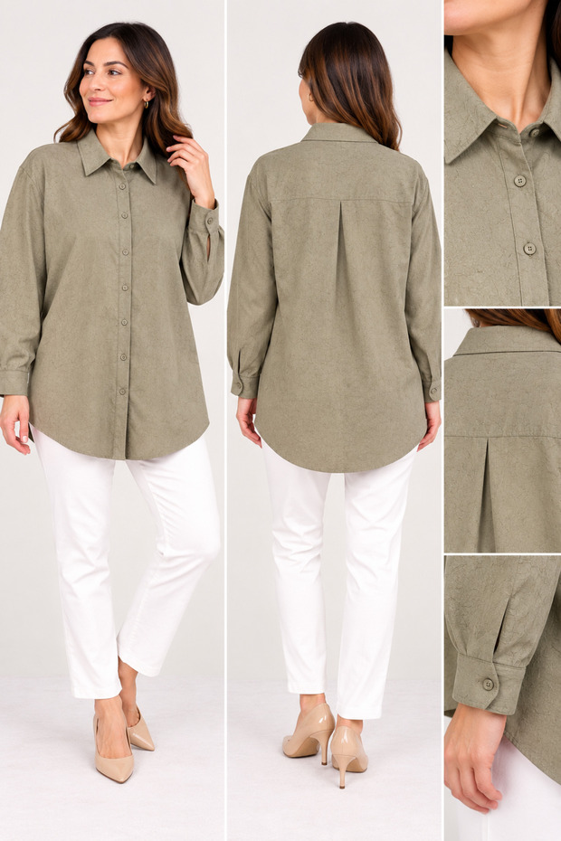 Women's Oversized Long Shirt Tunic – Button-Up, Long-Sleeved, Pleated Back