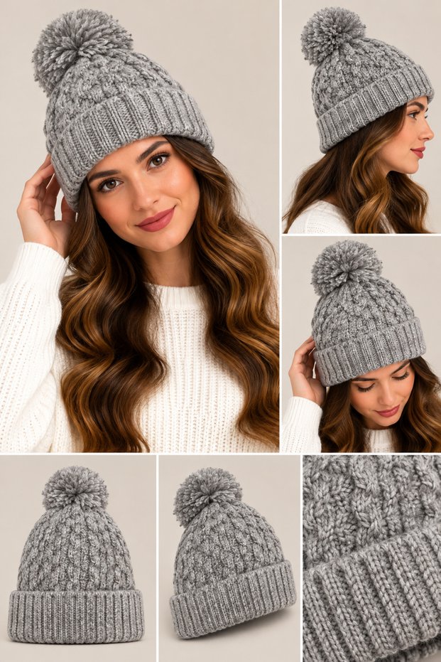 Women's Pom-Pom Knit Beanie – Soft-Textured Winter Knit Beanie