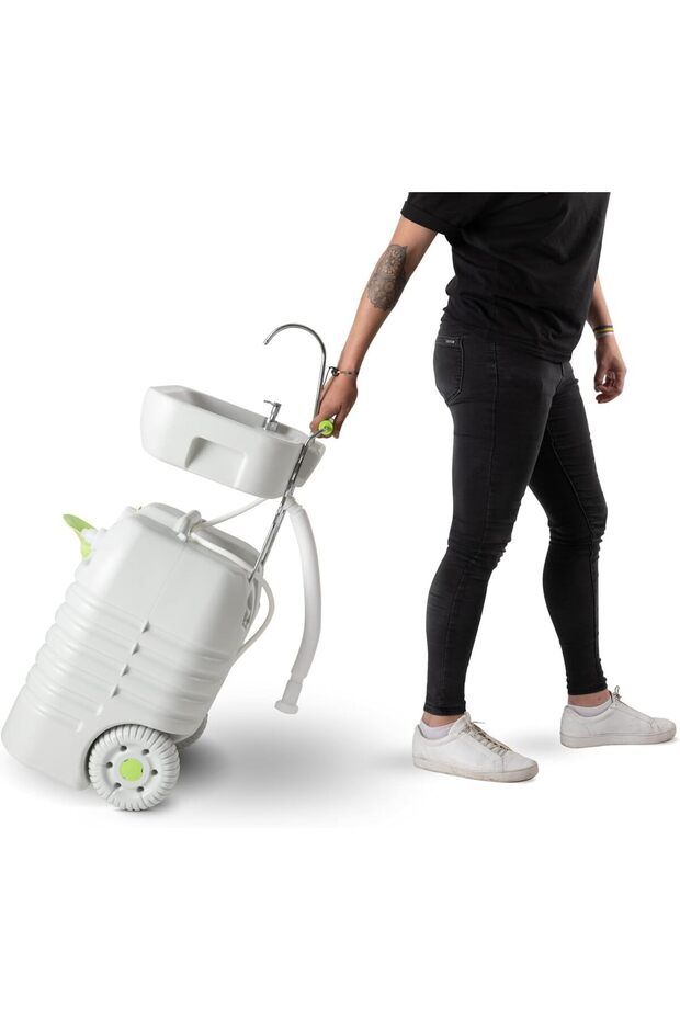 Portable Camping Sink with Foot Pump – 45L Water Tank, Built-in Soap Dispenser, Adjustable Height Outdoor Travel Sink with Trolley Wheels 11100200