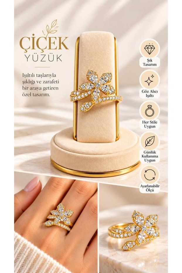 Gold Ring with Flower Motif and Gemstones