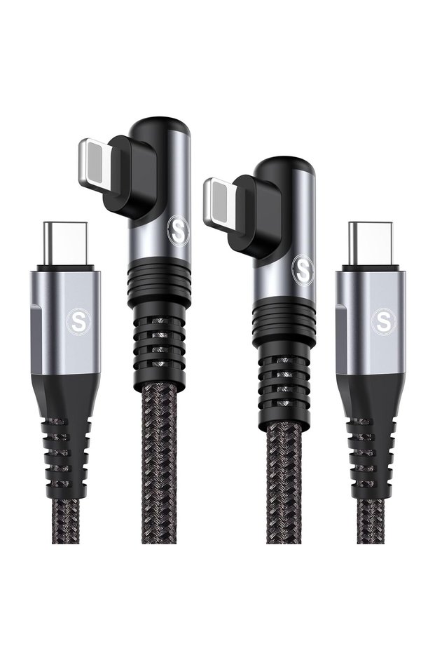 كابل لايتنينج [عبوة من قطعتين، 2 متر]، معتمد من MFi، كابل شحن آيفون 2.4 أمبير، USB-C إلى لايتنينج بزاوية 90 درجة
