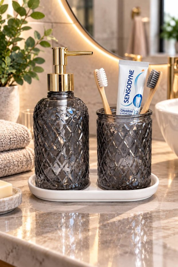 3-Piece || ASEL Bathroom Set with Liquid Soap Dispenser and Toothbrush Holder || CHARCOAL GREY || WHITE BASE || Decorative Bathroom Accessory, Bathroom Organizer, Home & Hotel, Premium Glass Bathroom Organizer, Glass Home Decor, Luxury Bathroom