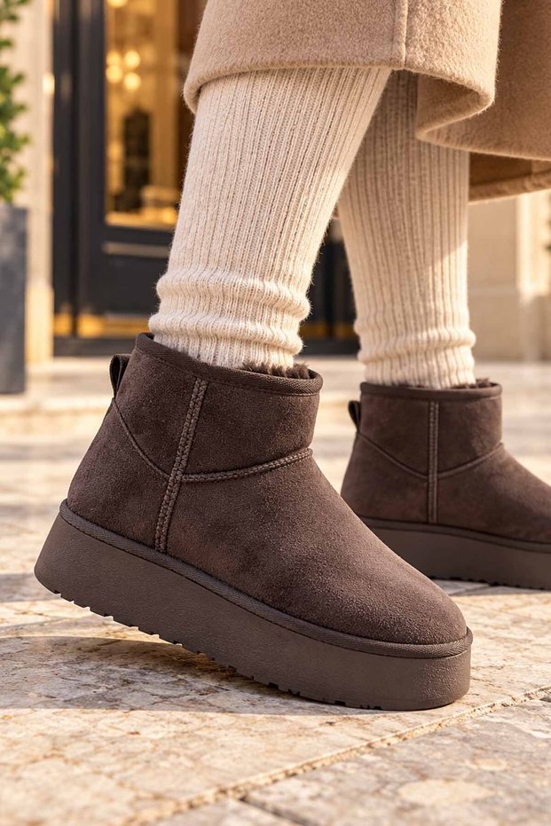 Women's Brown Winter Mini Boots with Thick Soles and Faux Suede-Look Finish, Lined with Fur