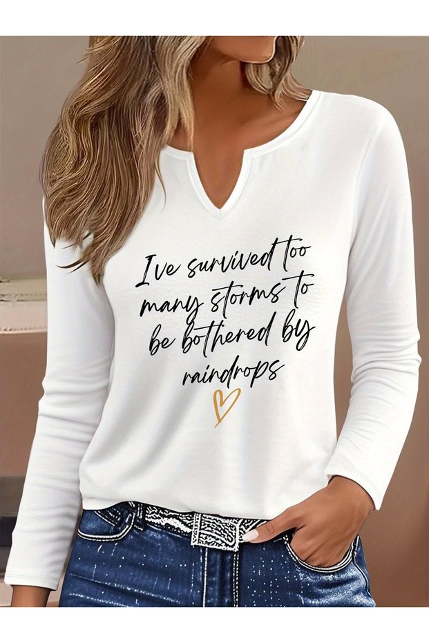 Printed Cotton-Stretch Fabric Half-V-Neck Long-Sleeve Blouse