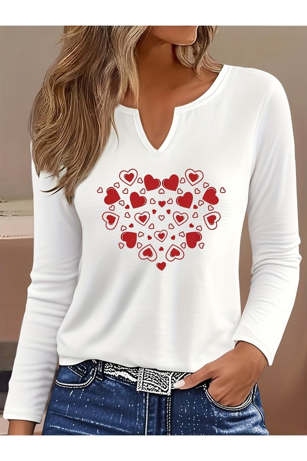 Printed Cotton-Stretch Fabric Half-V-Neck Long-Sleeve Blouse