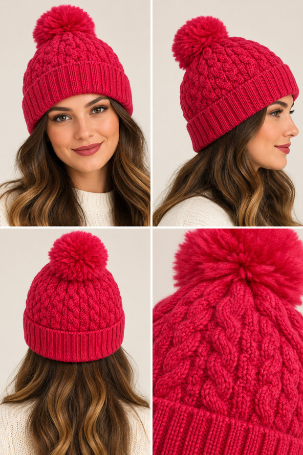 Women's Pom-Pom Knit Beanie – Soft-Textured Winter Knit Beanie