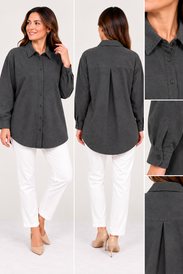 Women's Oversized Long Shirt Tunic – Button-Up, Long-Sleeved, Pleated Back