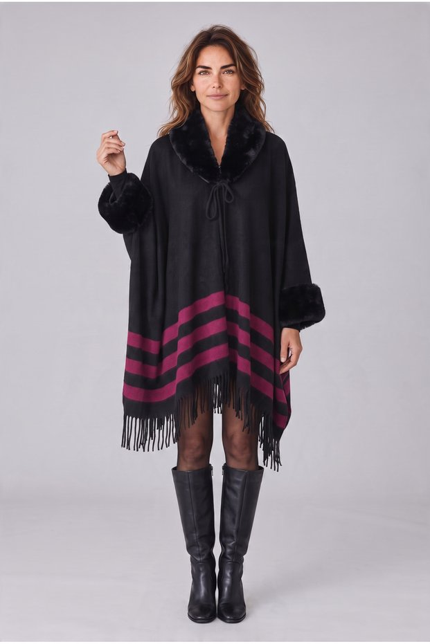 Women's Fur-Trimmed, Tasseled Knit Long Poncho with Buttons, Fur Collar, Winter Cape, Shawl