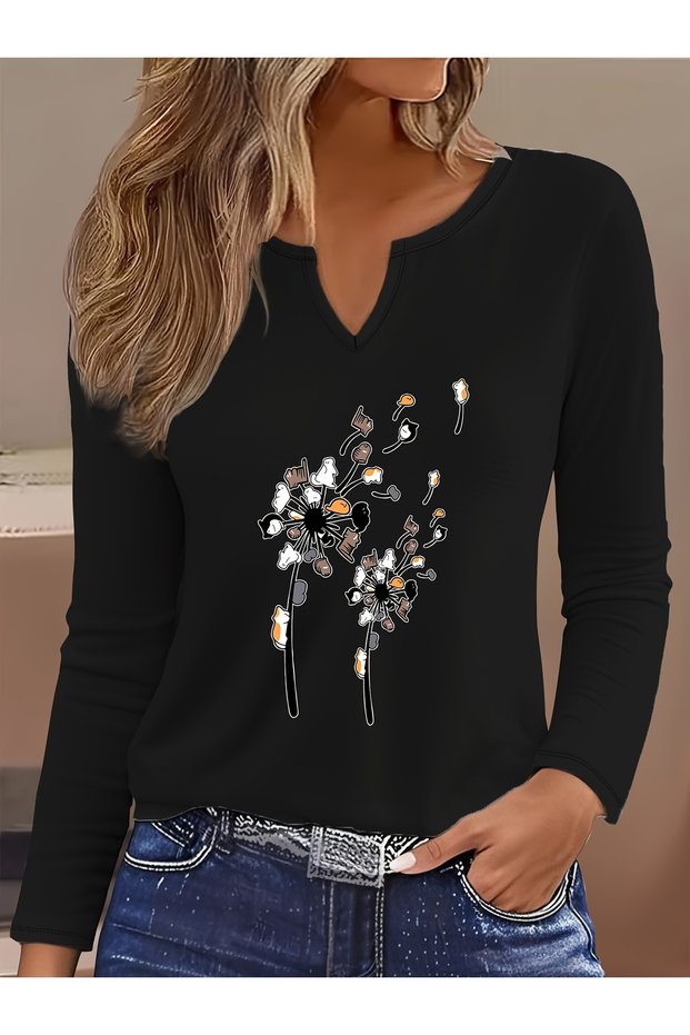 Printed Cotton-Stretch Fabric Half-V-Neck Long-Sleeve Blouse