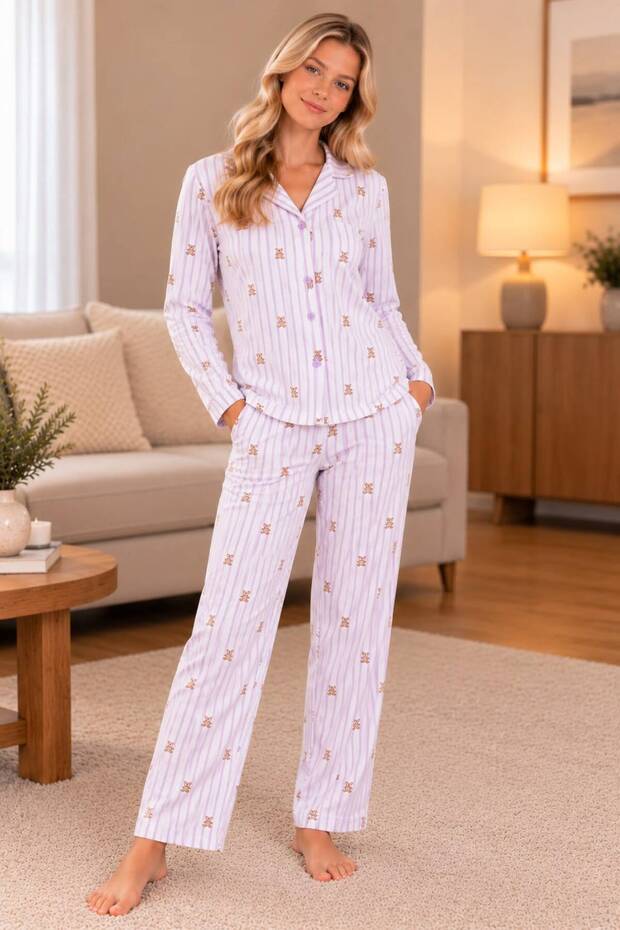 Women's 100% Cotton Shirt Collar Pajama Set, Comes with a Free Pair of Socks