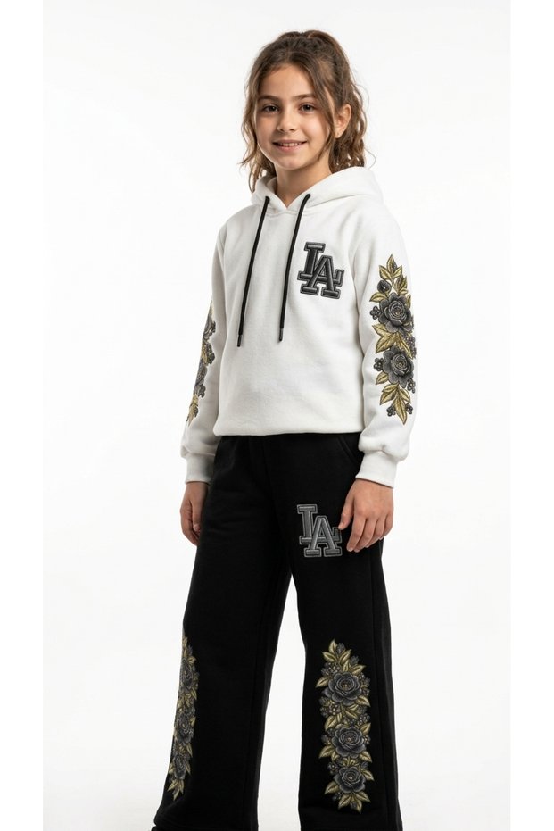 GIRLS' WINTER OUTFIT: 3-STRAND FLORAL PATTERN HOODED SET (TOP AND BOTTOMS), 100% Cotton