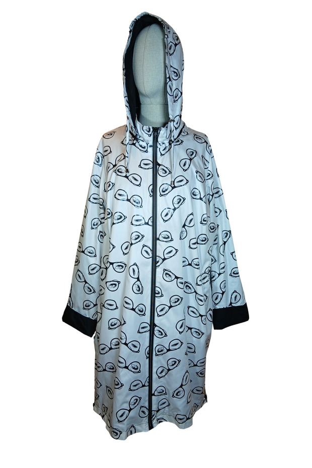 Women's White and Black Sunglasses-Print Hooded Oversized Long Raincoat / Parka with Black Lining