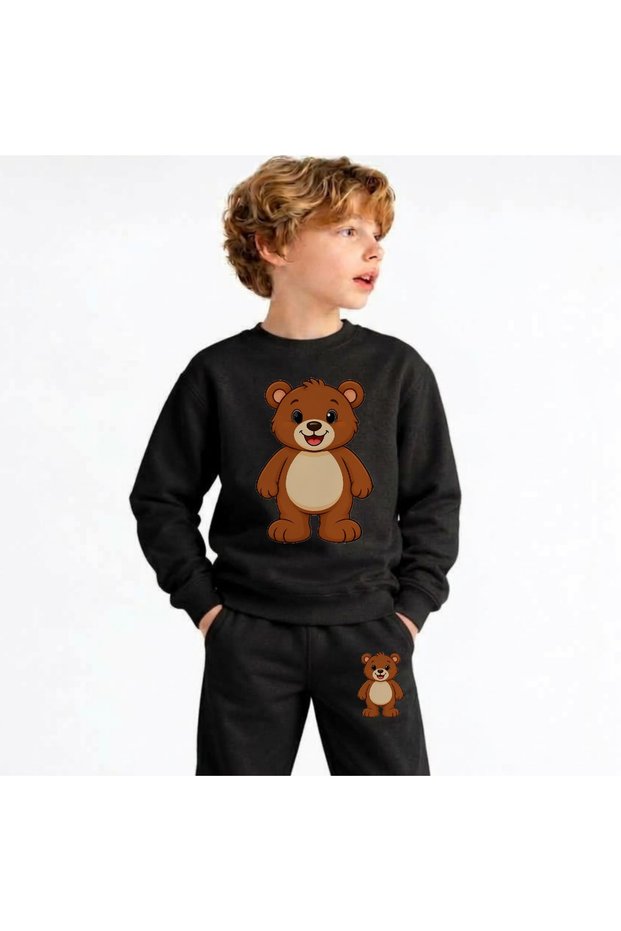 Matching Sweatshirt Set with "Smiling Bear" Print for Girls, Boys, and Kids—Crew Neck with Men’s Collar