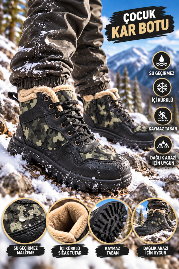Children's Black Snow Boots: Waterproof, Fur-Lined, Non-Slip Sole Winter Boots