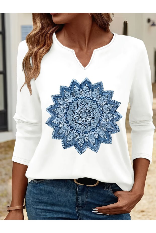 Printed Cotton-Stretch Fabric Half-V-Neck Long-Sleeve Blouse