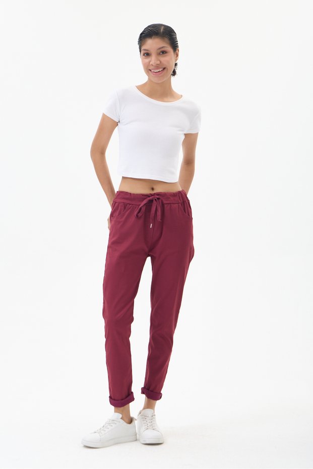 Women's Burgundy Italian-Style Drawstring Waist, Stretch Fabric, Solid-Color Pants, Sizes 38β44