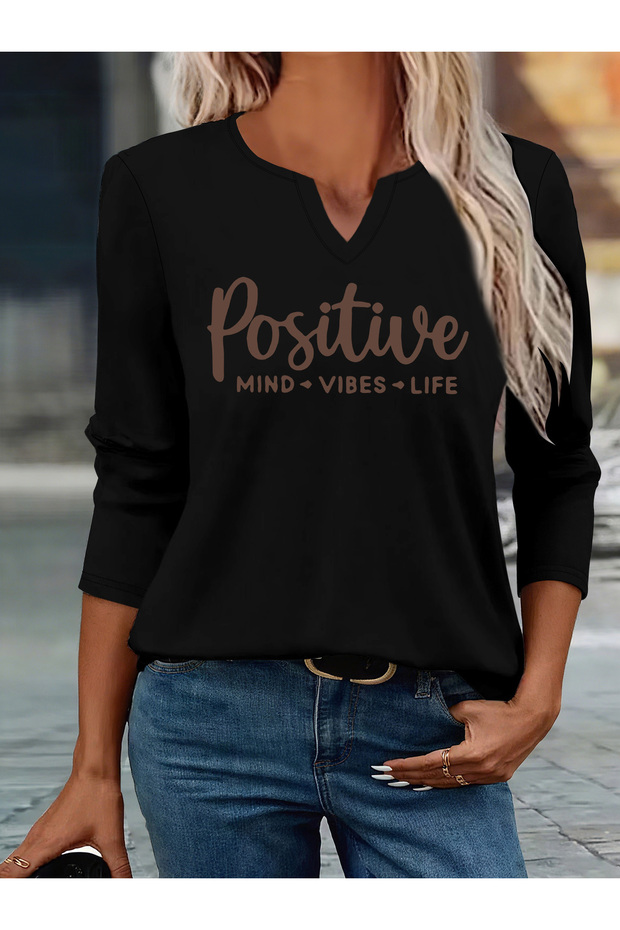 Printed Cotton-Stretch Fabric Half-V-Neck Long-Sleeve Blouse