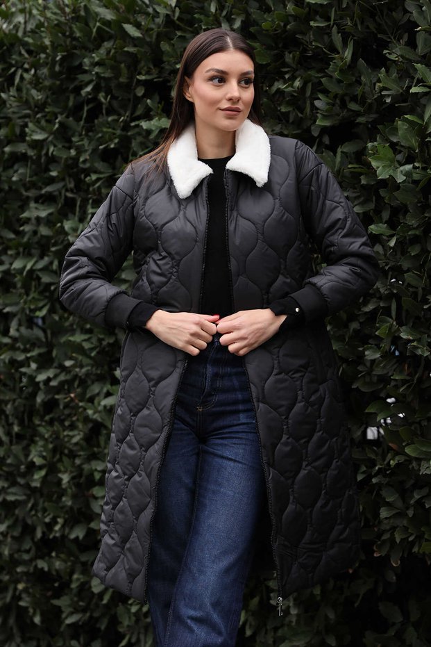 Women's Long Plush Collar Quilted Jacket - 5183