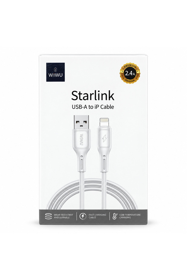كابل شحن ستارلينك من نوع USB-A إلى Lightning، تيار 2.4 أمبير، لون أبيض.
