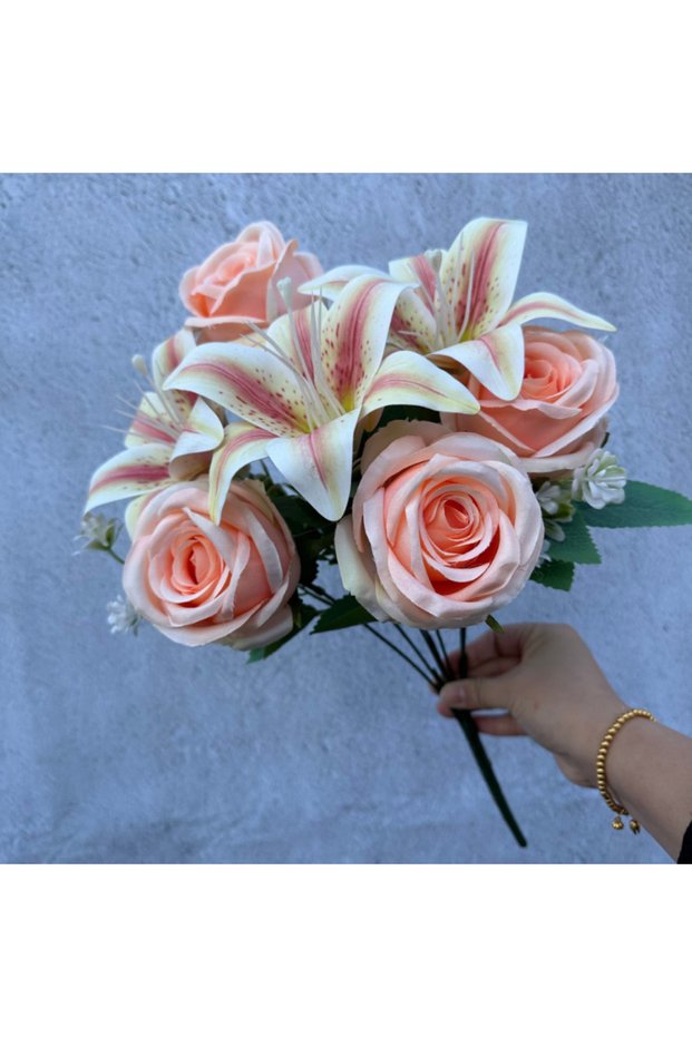 As picture Champagne Spring Color Bouquet: 9-Stem Mixed Roses & Lilies with Roses - Fresh Cut Flowe