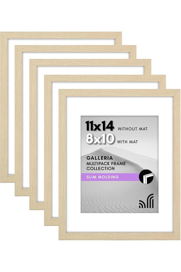 مجموعة من 5 إطارات صور مقاس 11 × 14 بوصة - مع ورق تغليف مقاس 8 × 10 بوصة - لون خشب البلوط الطبيعي.