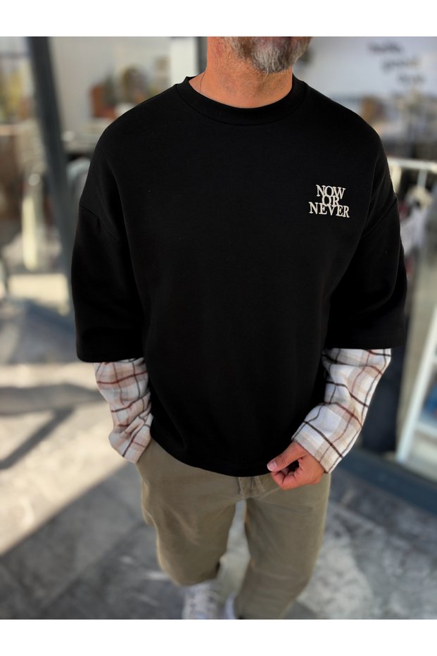 Black Plaid Sweatshirt with Sleeve Detail RES-5026