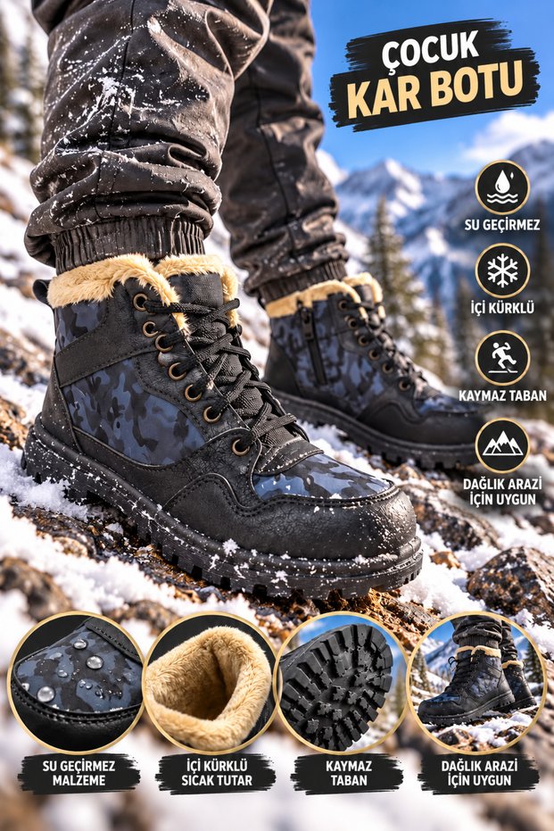 Children's Black Snow Boots: Waterproof, Fur-Lined, Non-Slip Sole Winter Boots