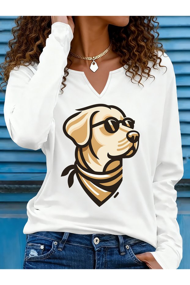 Printed Cotton-Stretch Fabric Half-V-Neck Long-Sleeve Blouse