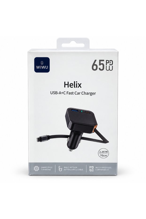 شاحن سيارة هيليكس 65 واط بمنفذي USB-A وUSB-C مع كابل قابل للسحب بطول 70 سم