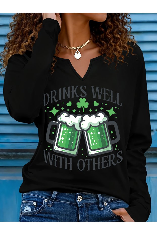 Printed Cotton-Stretch Fabric Half-V-Neck Long-Sleeve Blouse