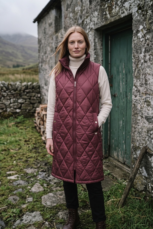 Women's Burgundy Long Quilted Vest