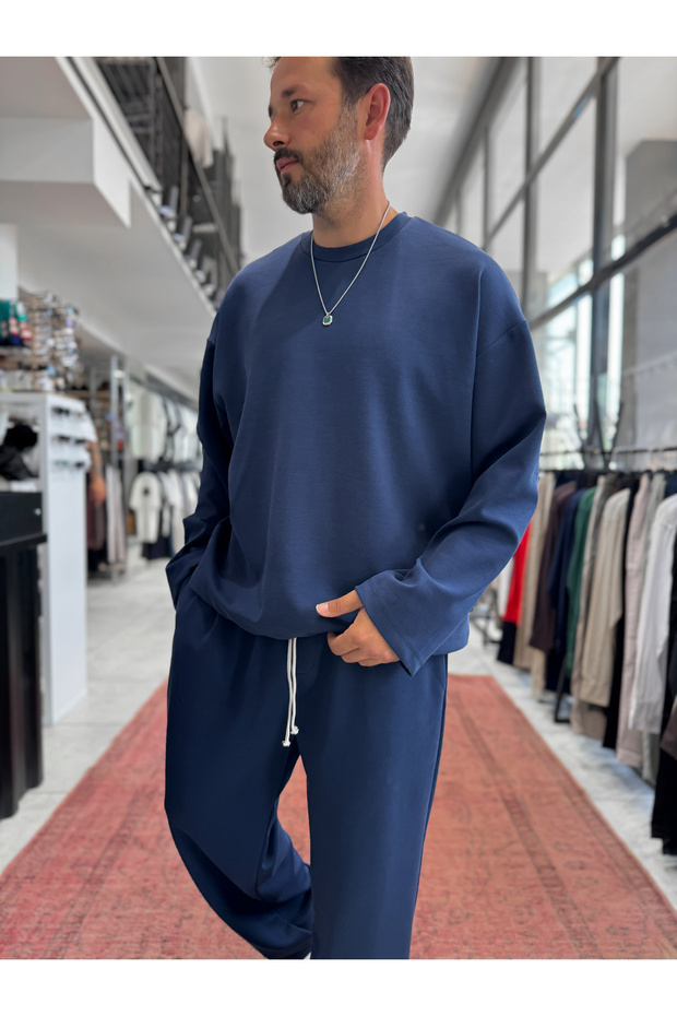 Navy Blue Corded Fabric Slim-Fit Sweatshirt TW-7064